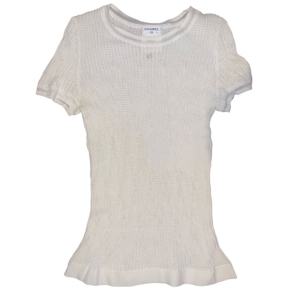 CHANEL Vintage CC Logo Rhinestone Knit Short Sleeve Top Blouse Cotton White 38 - Picture 1 of 6